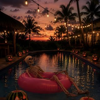 a skeleton sitting on an inflatable raft next to some pumpkins Halloween Tropical Summer Halloween Background, Summerween Pictures, Summerween Iphone, Summerween, black