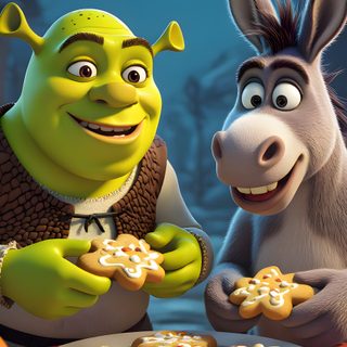 an image of a cartoon scene with two donkeys and some cookies on the table Halloween Shrek Shrek Halloween Images, Dreamworks Halloween, Shrek Halloween Movies, dim gray