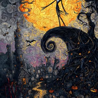 a painting of jack skellingy on top of a tree with pumpkins in the background Nightmare Before Christmas Halloween Town Halloween Nightmare, Halloween The Nightmare Before Christmas Iphone, Nightmare Before Christmas Iphone, dark slate gray
