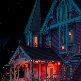 a dog sitting in front of a pink house at night Halloween Iphone Coraline Coraline House At Night, Of Coraline, Coralime House, Coraline Dark Fantasy, black