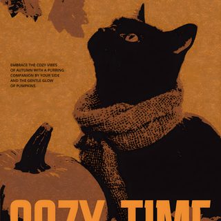 a black cat with a scarf around it's neck looking up at the sky Halloween Poster Pumpkin Decorating Poster, Autumn Infographic Design, Atum Poster, saddle brown