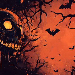 a painting of a skull with bats and pumpkins on it's face in front of an orange sky Halloween Skull For Desktop Scary, Fond D Ecran, Free Download, Halloween, Pc, dark slate gray