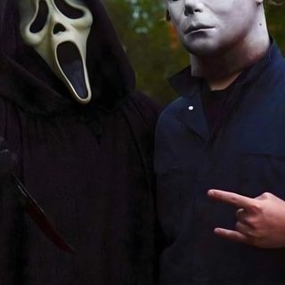 two people dressed in halloween costumes standing next to each other, one wearing a mask and the other holding a knife Max And Tommy Halloween Michael Myers And Scream, Michael Myers Ghostface, Michael Myers, Scream, black