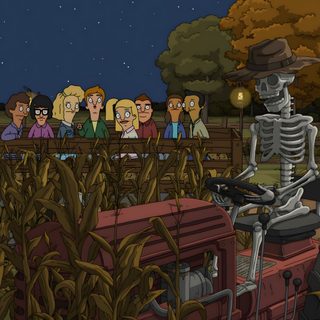 an animated skeleton sitting on top of a red truck in the middle of a field Bobs Burger Halloween Bob Burgers Halloween, Bobs Burgers Halloween, The Big Show, dark slate gray