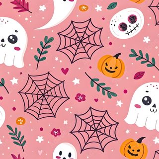 Cute Halloween Pattern with Ghosts, Skulls, Pumpkins and Spider Webs on Pink Halloween Ghosts And Webs On Pink Pc, Pink Halloween Desktop, Halloween Cute Laptop,