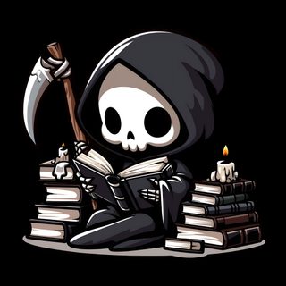 a skeleton sitting on top of a pile of books with an ax in it's hand Cute Aesthetic Halloween Skeleton Image Halloween, Halloween Cute, Skeleton Art, Book, Dessins Sympas, black