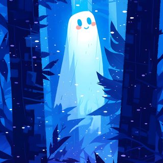 an illustration of a ghost in the middle of a forest with leaves and snow on it Halloween - Ghost Mood - Aqua dark blue