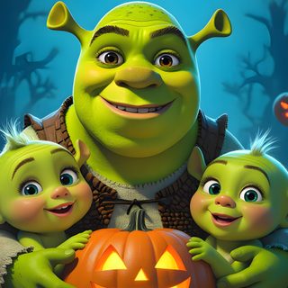 an animated character with two children and a pumpkin Halloween Shrek Shrek Halloween Images, Halloween Shrek, Pixar Halloween, dark slate gray