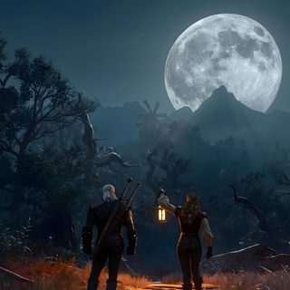 two people standing on a path in front of a full moon, with one holding a lantern Witcher Halloween dark slate gray