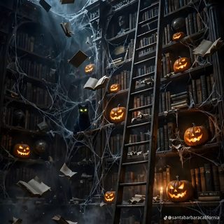 there is a ladder that has books on it and pumpkins hanging from the ceiling Halloween Library black