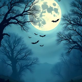 a full moon with bats flying in the sky over a dirt road leading to trees Halloween For Walls Halloween Images Backgrounds, Halloween Night Sky Background, Halloween Haunted House Diy, teal