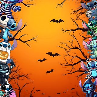 a group of cartoon characters standing in front of a halloween background Lock Screen Stitch Halloween Stitch And Angel Halloween Background, Stitch Halloween Background, Cute Halloween Stitch Backgrounds, chocolate