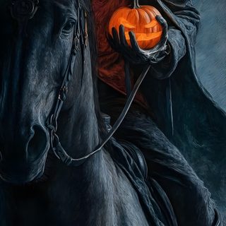 a painting of a man on a horse holding a pumpkin Halloween Headless Horseman Halloween Canvas Paintings, The Legend Of Sleepy Hollow, Legend Of Sleepy Hollow, black