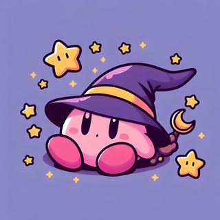a cartoon character with a hat and stars around it's neck, laying on the ground Kirby Halloween Iphone Kirby Witch, Kirby Zelda, Halloween Profiles, Kirby Pumpkin, medium purple