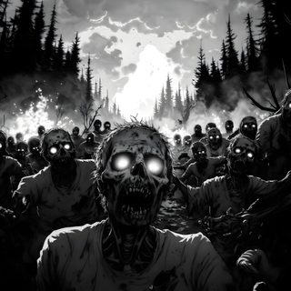 a group of zombies with glowing eyes in the middle of a dark, cloudy forest Halloween Zombie Mutant Zombies, Zombie, Zombie Aesthetic, Zombie Apocalypse Tattoo, black