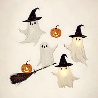 four halloween ghostes flying on a broom with pumpkins in their mouths and one is wearing a witch's hat Retro Halloween Ivory Halloween Background Aesthetic, Cosy Halloween, Fall Spooky, gainsboro