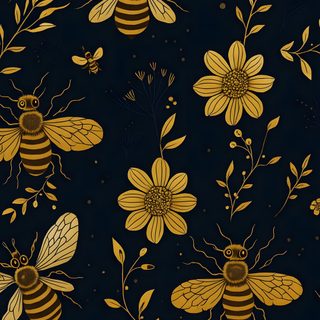 bees and flowers on a black background with gold foiling for wallpaper or fabric Halloween Bees Accent Ideas Bee Autumn, Bee Pattern Design, Bees Background, Bees Ideas, black