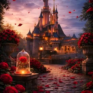 an image of a castle with roses in the foreground and lights shining on it Disney Castle Halloween Beauty And The Beast Background, Belles Castle, Belle Castle, dark slate gray