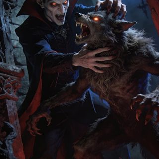 a man in dracula costume is attacking a wolf with his mouth open and glowing eyes Halloween Werewolf black
