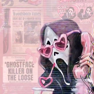 a painting of a woman with pink hair and glasses holding a drink in her hand Pink Halloween Ghostface Scream Aesthetic Pink, Scream Iphone Pink, Scream Girly, silver