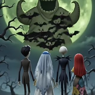 three creepy dolls standing in front of a full moon Halloween Town Nightmare Before Christmas Tim Burton Aesthetic, Disney Halloween, Halloween, dark slate gray