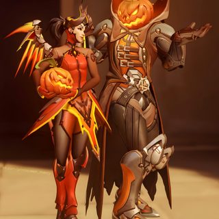 two animated characters dressed in halloween costumes and holding pumpkins, standing next to each other Overwatch Halloween Mercy Reaper, Mercy And Ashe, Mercy And Reaper, Overwatch Matching Skins, saddle brown
