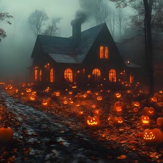 a house with lots of pumpkins in front of it on a foggy day Spooky Halloween Pumpkin Spooky House Background For Ipad, Halloween Landscape, Halloween Pc, dark slate gray