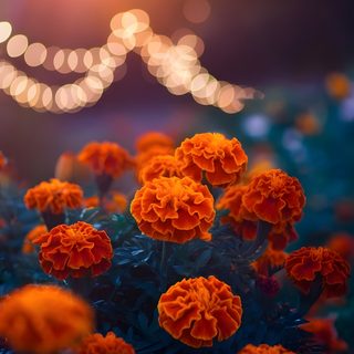 an orange flower is in the middle of some blue grass and lights are behind it Halloween Marigold Desktop, Marigold Iphone, dark slate gray