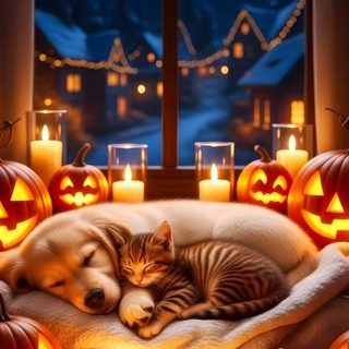 a cat and dog are sleeping on a bed with pumpkins around them, surrounded by candles Cute Dog And Cat Halloween Summer Fashion Trends, Summer Fashion Dresses, Summer Fashion Outfits, saddle brown
