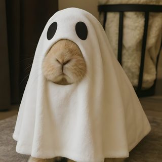 a bunny in a ghost costume on the floor Halloween Bunny Rabbit In Clothes, Judy Hops, Hunger Games Characters, Snow House, Rabbit Care, dim gray