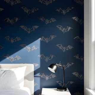 a white bed sitting under a window next to a wall with bats painted on it Halloween Bat For Bedroom Bat Wall, Paper Bat, Recessed Ceiling Lights, Bat Bedroom, dark slate gray