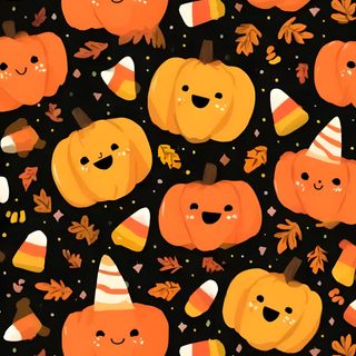 an image of pumpkins and leaves on a black background for halloween wallpaper or fabric Candy Corn Halloween Fall Doodle Black Cute Halloween Backgrounds, Pumpkin, Halloween Backgrounds, saddle brown
