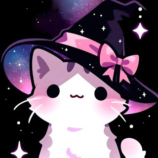 a cat wearing a witches hat with stars in the background Kawaii Cute Halloween Cat Galaxy Cat Cute, Kawaii Chibi Chibi Black Cat, Digital Art, Neon,