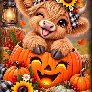 a painting of a cow sitting on top of a pumpkin with sunflowers around it Cute Halloween Highland Cow sienna