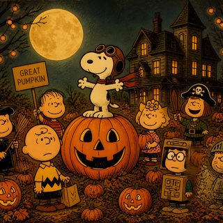 the peanuts gang is on top of a pumpkin in front of a house with a full moon Charlie Brown Halloween Desktop maroon