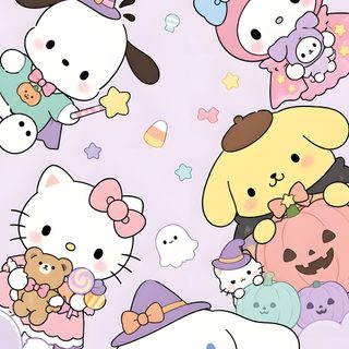 hello kitty and other cartoon characters on a purple background Kawaii Cinnamoroll Halloween Sanrio Backgrounds, Sanrio Laptop, Hello Kitty Sailor Moon, lavender