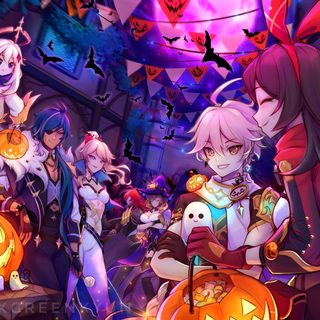 an animated halloween scene with many people and pumpkins Genshin Impact Halloween Halloween Genshin, Genshin Halloween, Genshin Impact Halloween, indigo