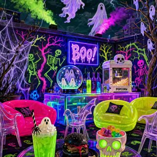 a living room decorated for halloween with neon lights and ghost decorations on the walls, furniture and decor Neon Aesthetic Halloween dark slate gray
