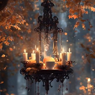 a chandelier hanging from a tree filled with candles Halloween Chandelier Halloween Ambience, Care Bear Party, Retro Pictures, dark slate gray