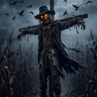 a scarecrow standing in the middle of a cornfield with crows flying around him Halloween Scarecrow Halloween Land, Scarecrow Character, Gargoyles Art, Scary Scarecrow, dark slate gray