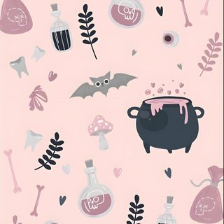 a pink and black pattern with witches, bats, and other items on the ground Pastel Halloween Party Black Pastel Halloween Iphone, Pastel Halloween Aesthetic, Pastel Pink Halloween Background, misty rose