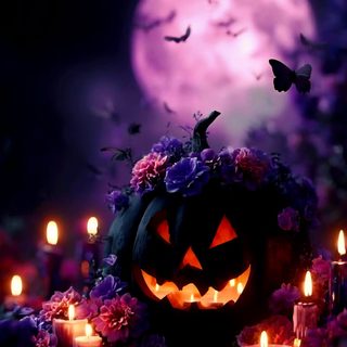 a halloween pumpkin with candles and flowers in front of a full moon Halloween Purple Pumpkin Elegant Halloween Decor, Pumpkin, Christmas Phone, Witchy, Autumn Magic, black