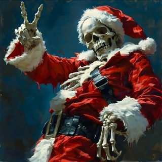 a skeleton dressed as santa claus waves to the crowd while holding his hands in the air Halloween Santa Claus Skull Reference, Motorcycle Christmas, Scary Christmas, dark slate gray