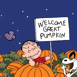 a cartoon character holding a sign that says welcome great pumpkin Halloween Charlie Brown Peanuts Great Pumpkin, Charlie Brown Halloween Desktop, Peanuts Fall Computer, midnight blue