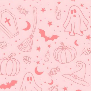 a pink and white halloween pattern with ghost, pumpkins, bats, stars and more Pink Pumpkin Halloween Pink Halloween Ipad, Pastel Pink Halloween Background, Halloween Pink Background Aesthetic, misty rose