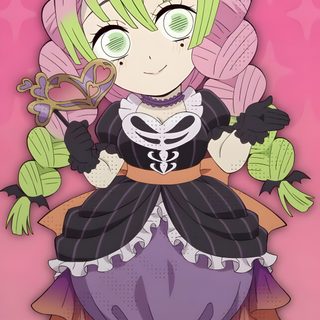 an anime character with green hair and purple dress, holding a flower in her hand Mitsuri Halloween Demon Slayer Halloween, Halloween Demon Slayer, Mitsuri Halloween, rosy brown
