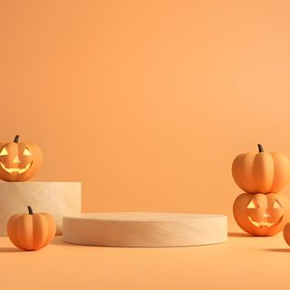three carved pumpkins sitting on top of a wooden block with faces carved into them Halloween Podium Autumn Home Decor Inspiration, Diy Halloween Decoration Ideas, Halloween Pumpkin Decor, sandy brown