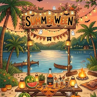 a poster for an outdoor halloween party with pumpkins and jack - o'- lanterns Halloween Summerween Summer Ween, Spooky Summer, Summer Slasher, Summerween Iphone, Summerween, dim gray