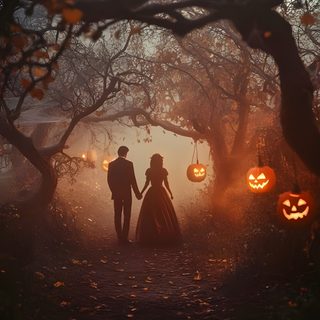 a man and woman holding hands in the middle of a forest at night with pumpkins Halloween Love Halloween Love Aesthetic, Halloween Romance Aesthetic, Halloween Romantic, dark slate gray
