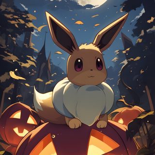 an animal sitting on top of a pumpkin in front of a full moon and trees Eevee Evolutions Halloween Pikachu Halloween, Eve Pokemon, Christmas Pokemon, Eevee, dark slate gray